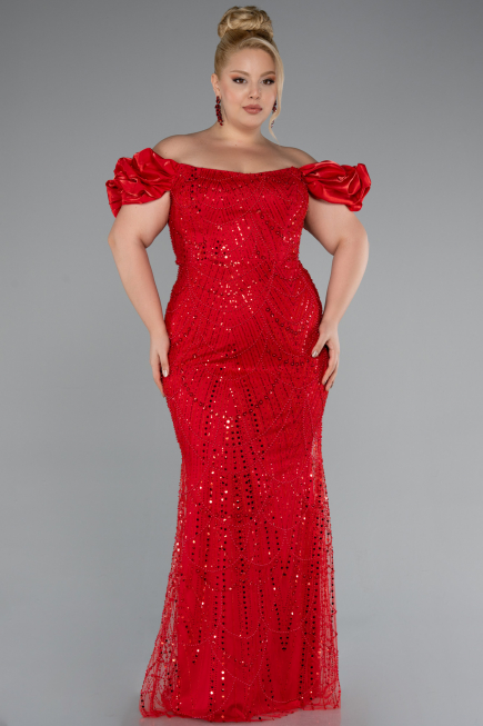 Robe De Fiançailles Grande Taille Perlé Longue Rouge ABU4788