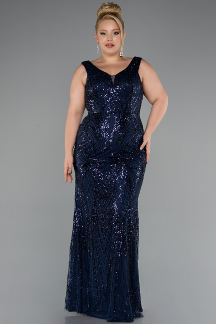 Robe Grande Taille Longue Perlé Bleu Marine ABU5188