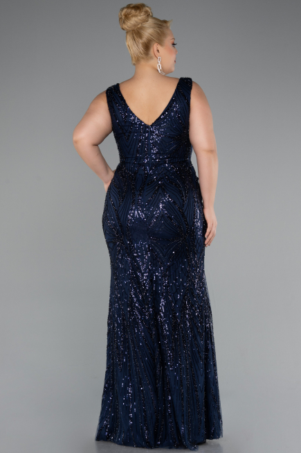 Robe Grande Taille Longue Perlé Bleu Marine ABU5188