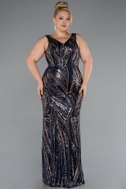 Robe Grande Taille Longue Perlé Bleu Marine ABU5189