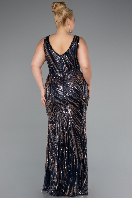 Robe Grande Taille Longue Perlé Bleu Marine ABU5189