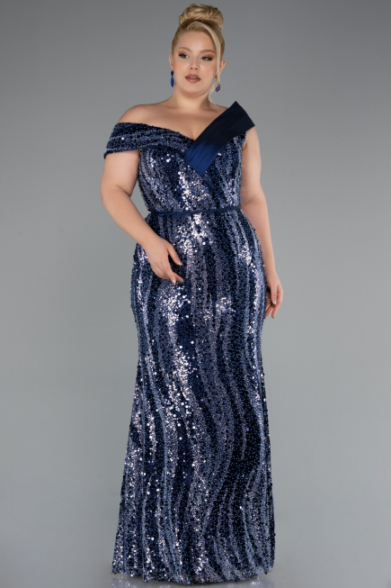 Robe De Fiançailles Grande Taille Longue Perlé Bleu Marine ABU5191