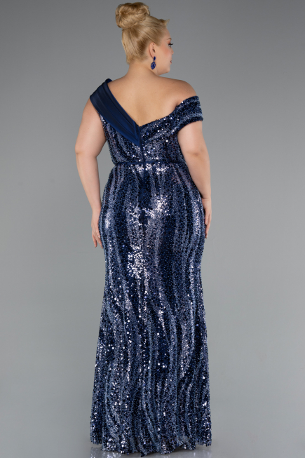 Robe De Fiançailles Grande Taille Longue Perlé Bleu Marine ABU5191