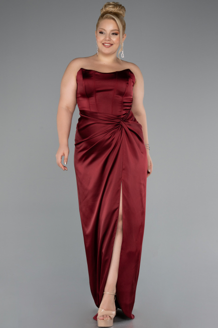 Robe De Soirée Grande Taille Longue Satin Rouge Bordeaux ABU5179