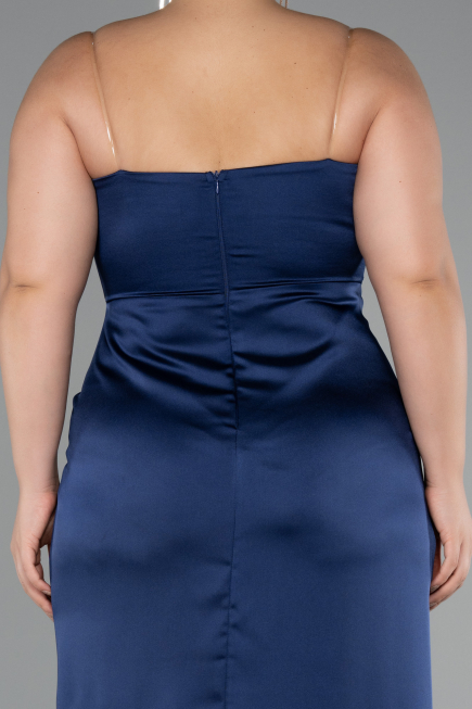 Robe De Soirée Grande Taille Longue Satin Bleu Marine ABU5179