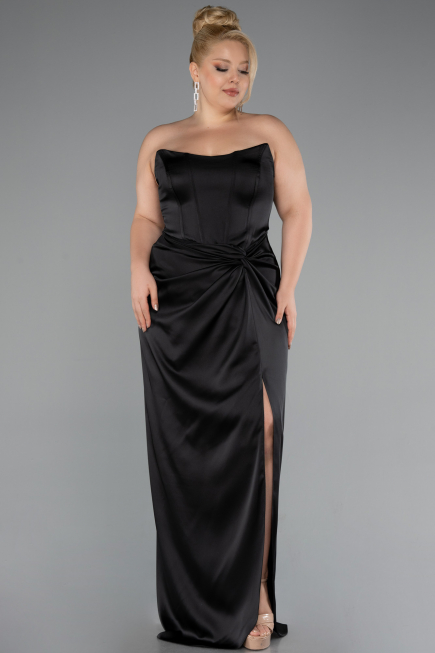 Robe De Soirée Grande Taille Longue Satin Noir ABU5179