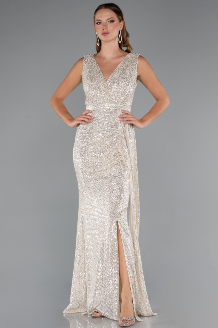 Robe De Soirée Squameuse Longue Beige ABU3201