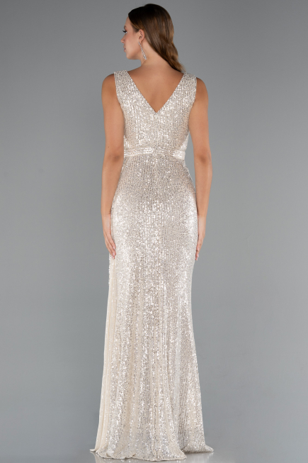 Robe De Soirée Squameuse Longue Beige ABU3201