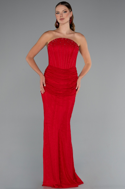 Robe Queue de Poisson Longue Dantelle Rouge ABU5215