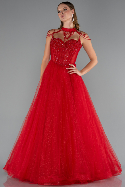 Robe de Fiançailles Design Personnalisé Longue Rouge ABU5220