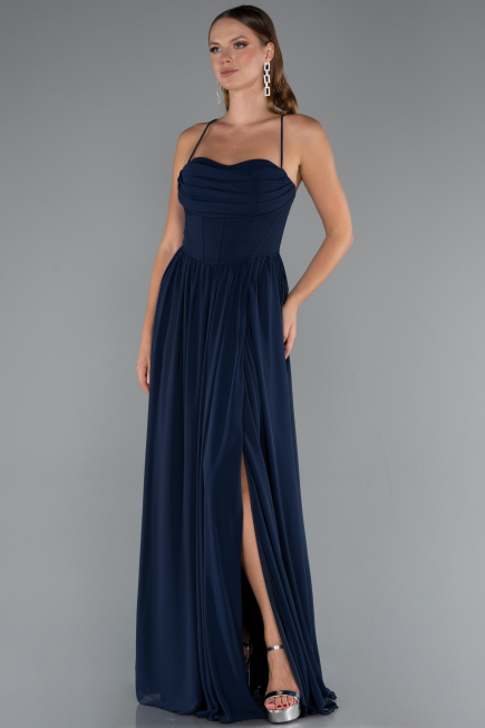 Robe de Soirée Longue Mousseline Bleu Marine ABU5223