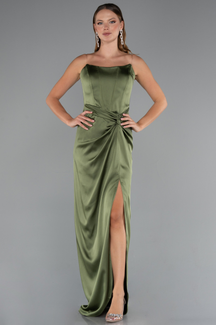 Robe De Soirée Satin Longue Kaki ABU3474