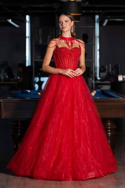 Robe de Fiançailles Design Personnalisé Longue Rouge ABU5220