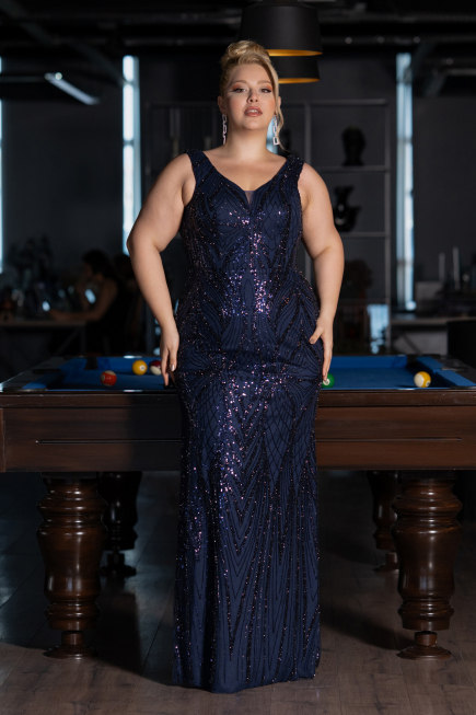 Robe Grande Taille Longue Perlé Bleu Marine ABU5188