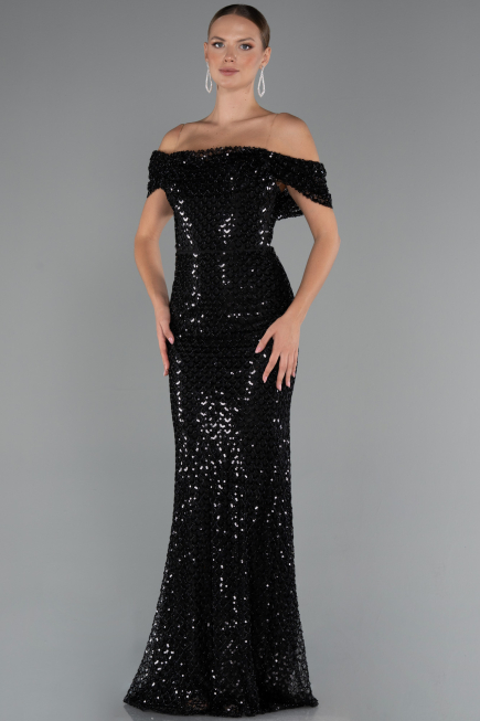 Robe de Soirée Longue Perlé Noir ABU5239