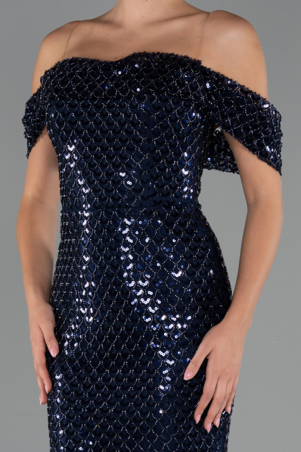 Robe de Soirée Longue Perlé Bleu Marine ABU5239
