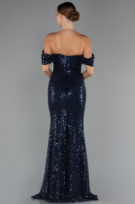 Robe de Soirée Longue Perlé Bleu Marine ABU5239