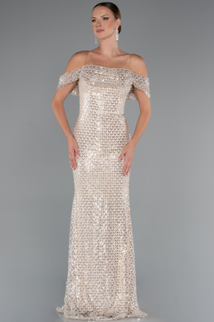 Robe de Soirée Longue Perlé Beige ABU5239