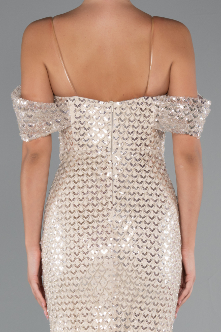 Robe de Soirée Longue Perlé Beige ABU5239