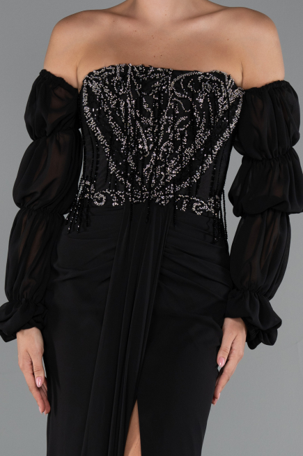 Robe de Soirée Longue Mousseline Noir ABU5241