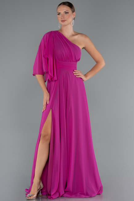 Robe de Soirée Longue Mousseline Fushia ABU5259