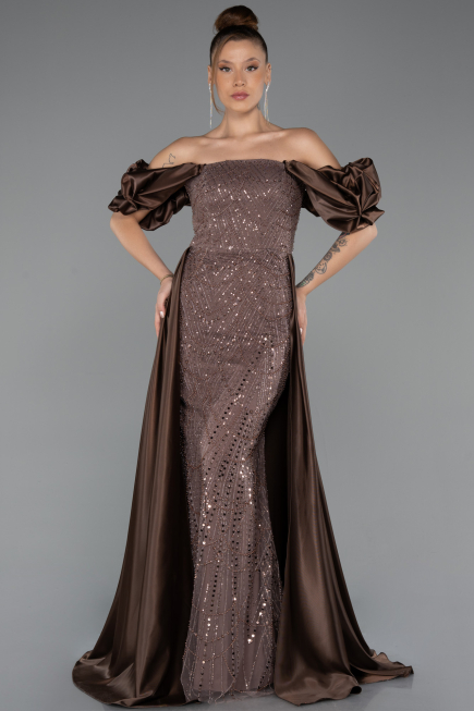 Robe de Soirée Longue Perlé Brun ABU5154