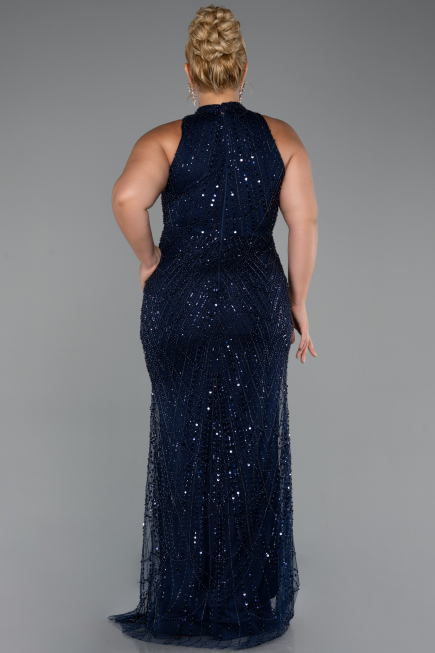 Robe de Soirée Grande Taille Longue Perlé Bleu Marine ABU5063