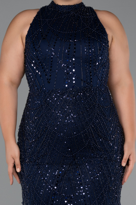 Robe de Soirée Grande Taille Longue Perlé Bleu Marine ABU5063