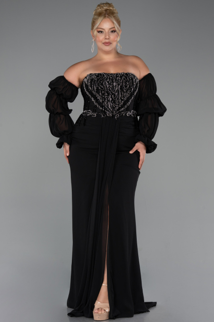 Robe De Soirée Grande Taille Longue Mousseline Noir ABU5242