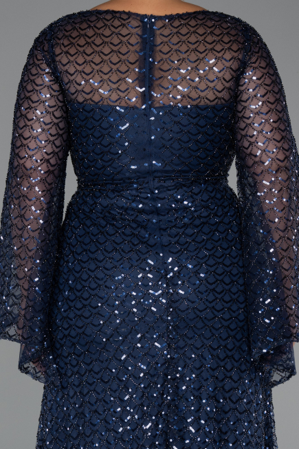 Robe De Soirée Grande Taille Longue Perlé Bleu Marine ABU5243
