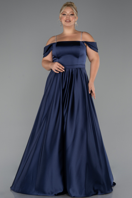 Robe de Soirée Grande Taille Longue Satin Bleu Marine ABU5251
