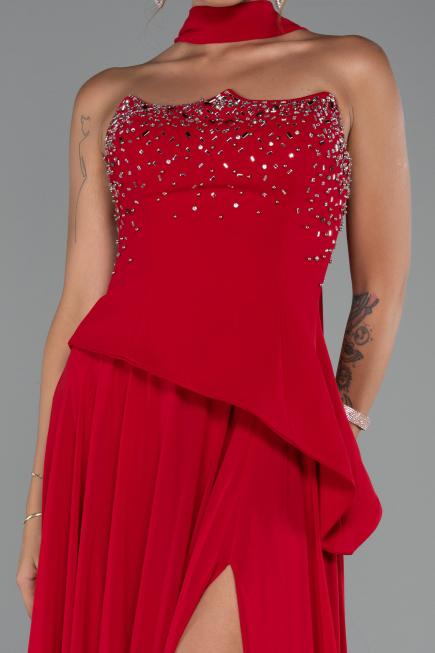 Robe de Soirée Longue Mousseline Rouge ABU5280