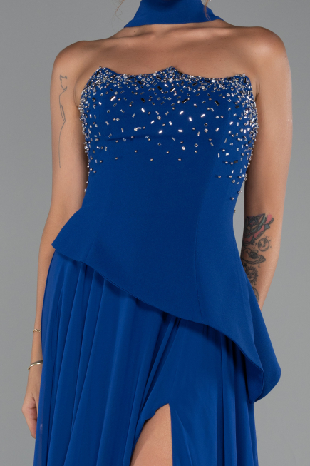 Robe de Soirée Longue Mousseline Bleu Saxe ABU5280