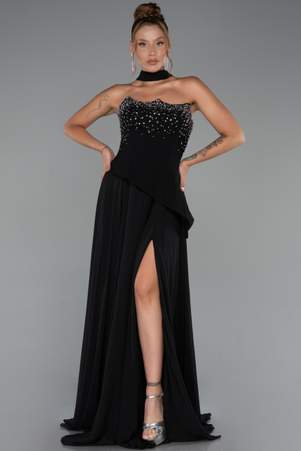 Robe de Soirée Longue Mousseline Noir ABU5280