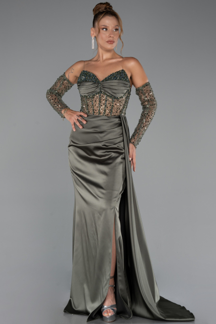 Robe de Soirée Longue Satin Kaki ABU5288