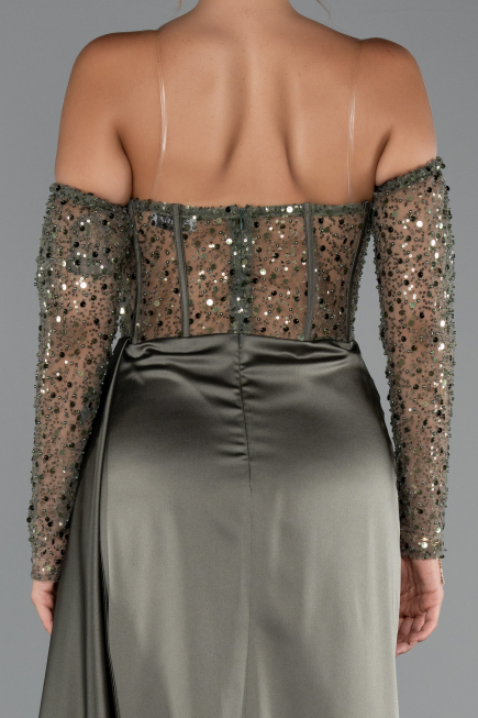 Robe de Soirée Longue Satin Kaki ABU5288