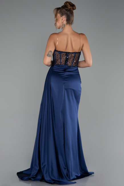 Robe de Soirée Longue Satin Bleu Marine ABU5288