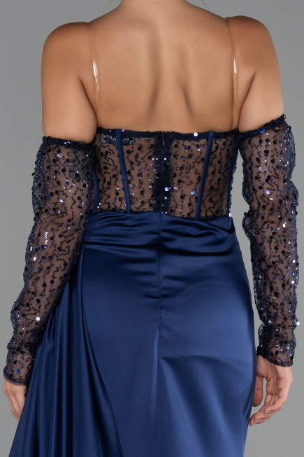 Robe de Soirée Longue Satin Bleu Marine ABU5288