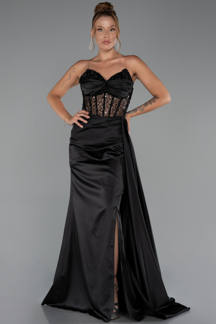 Robe de Soirée Longue Satin Noir ABU5288