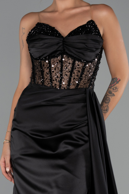 Robe de Soirée Longue Satin Noir ABU5288