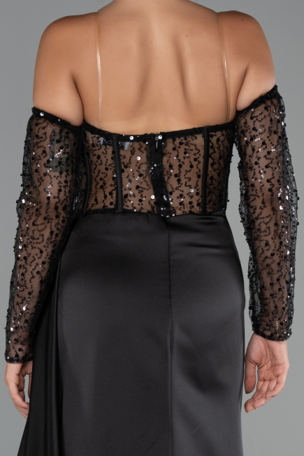 Robe de Soirée Longue Satin Noir ABU5288