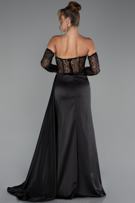 Robe de Soirée Longue Satin Noir ABU5288