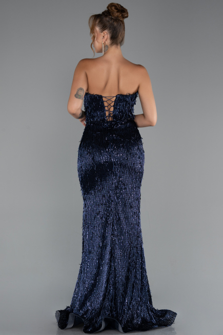Robe de Soirée Longue Perlé Bleu Marine ABU5292