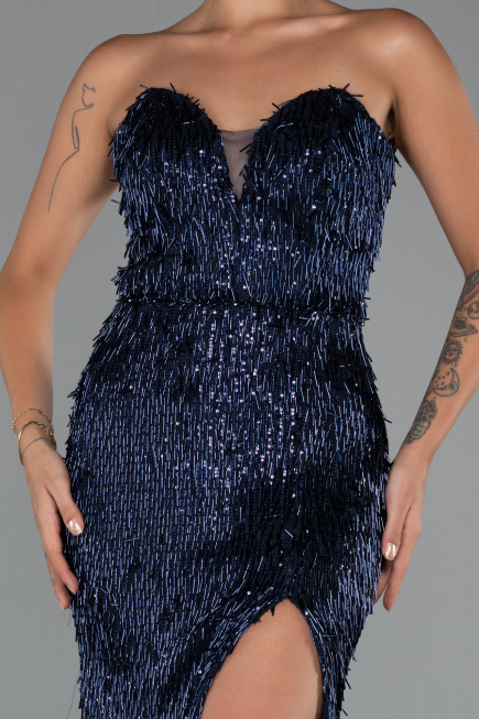 Robe de Soirée Longue Perlé Bleu Marine ABU5292