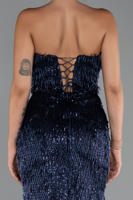 Robe de Soirée Longue Perlé Bleu Marine ABU5292