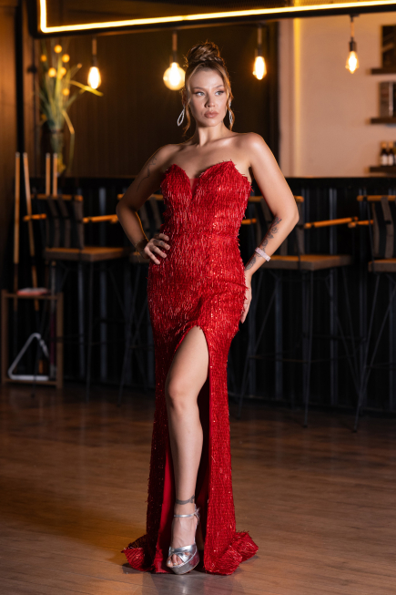 Robe de Soirée Longue Perlé Rouge ABU5292