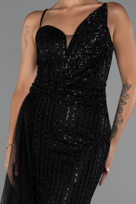Robe de Soirée Longue Perlé Noir ABU5297