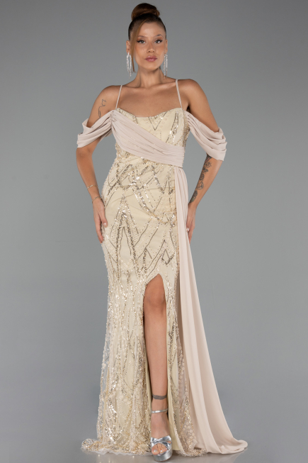 Robe de Soirée Longue Perlé Beige ABU5316