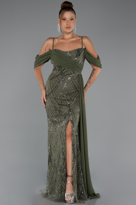 Robe de Soirée Longue Perlé Kaki ABU5316