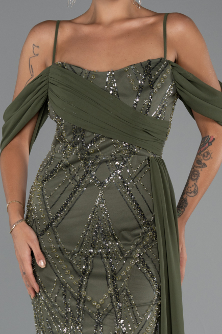 Robe de Soirée Longue Perlé Kaki ABU5316